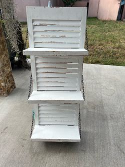 White distressed wood shutter shelving.26x10 1/2” shelves 4 1/2”