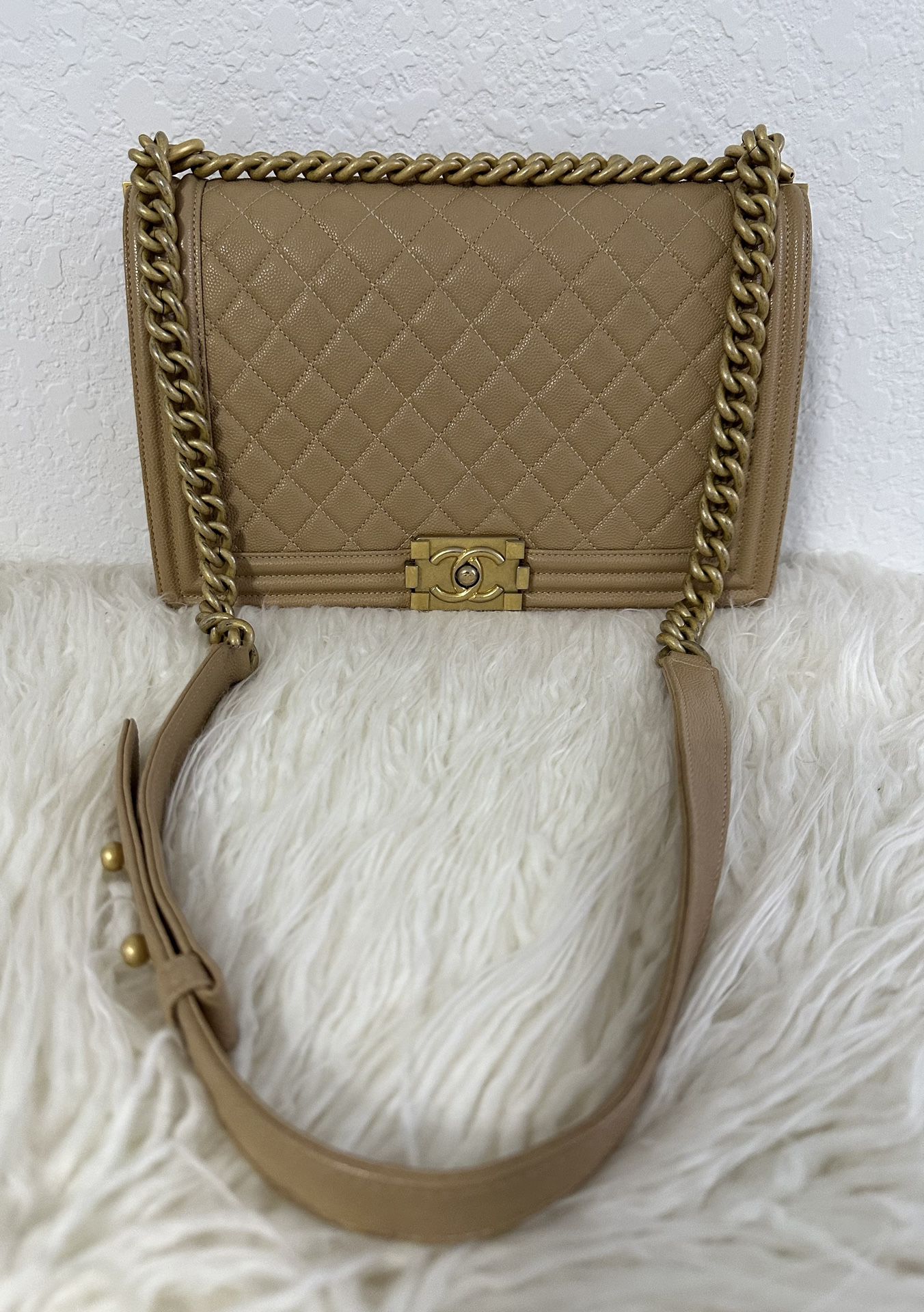 Chanel Beige Quilted Caviar Leather Boy Flap Bag Authentic 