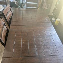 Leather And Wood Dining Table With 4 Wood Chairs And Long Bench