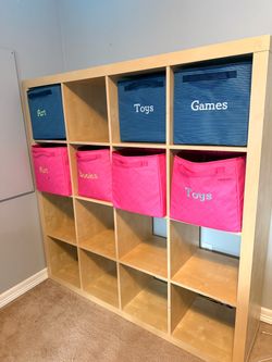 Large book toy storage shelf with bins light wood color pottery barn lookalike