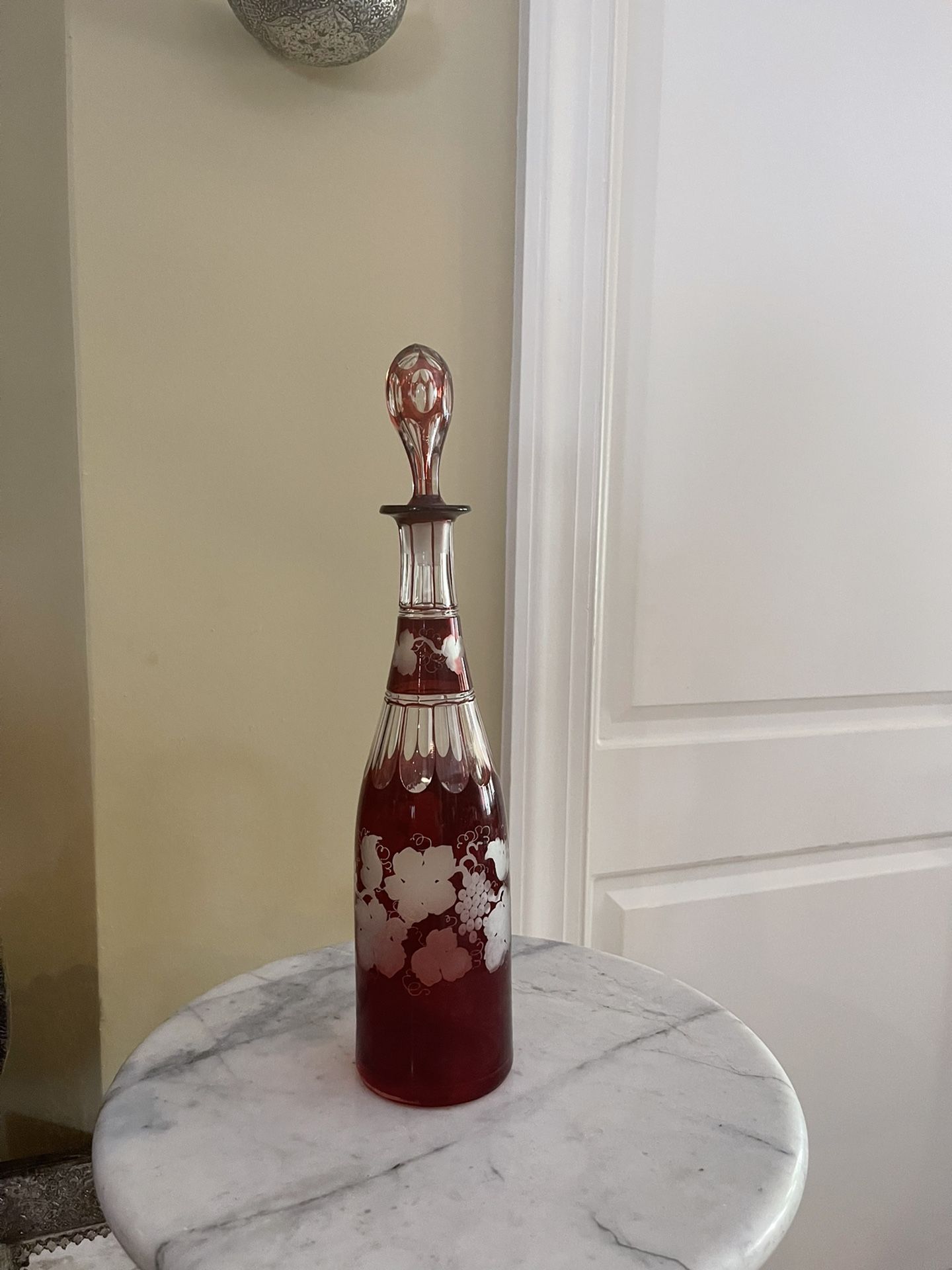 Vintage Bohemian Cut-to-clear Glass Decanter Ruby Red With Stopper