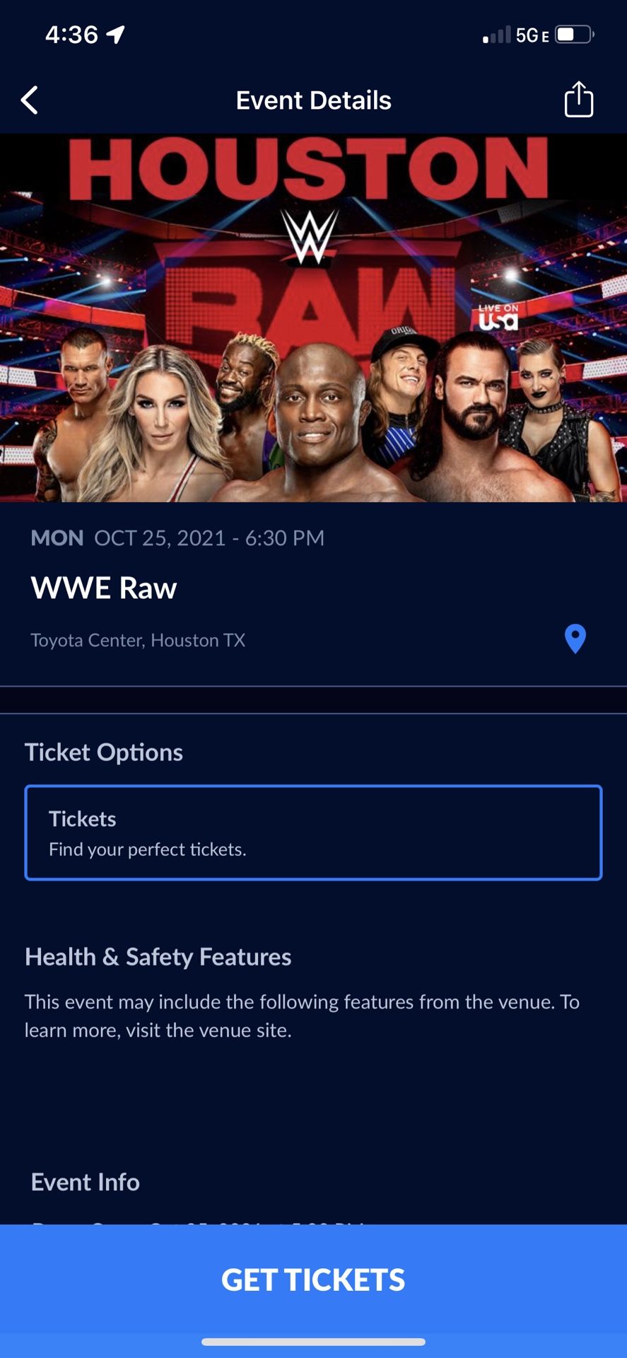 Raw 2 Floor SeatsOctober 25 2 Tickets 350$