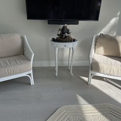 Pair White Rattan Chairs With Custom Cushions