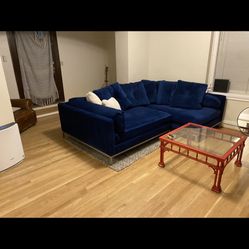 Large Two Piece Blue Velvet Sofa Couch 