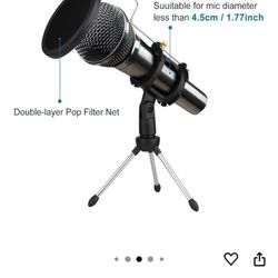 Desktop Mic Stand, Microphone Stand Desk Tripod Stand with Shock Mount Portable Mic Holder and Double-Non-slip Feet Net Wind Screen Pop Filter for Ins