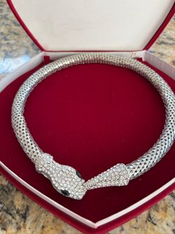 Silver-Toned Rhinestone Snake Mesh Collar Necklace
