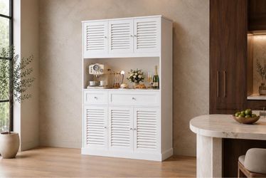 70"Tall & Freestanding Kitchen Pantry Cabinet with Adjustable Shelves & Louvered Door, White.