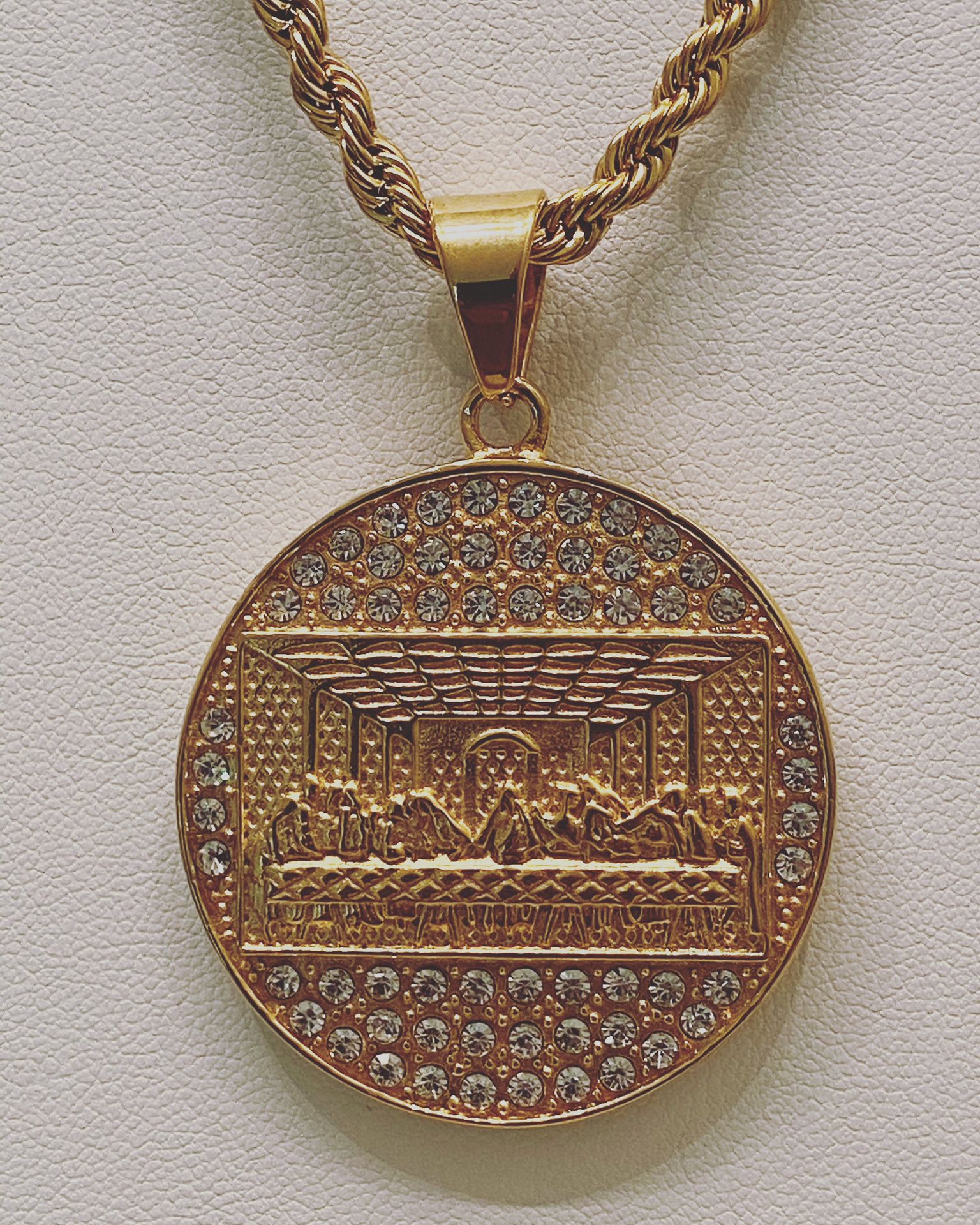 Gold stainless steel last supper medallion pendant with chain