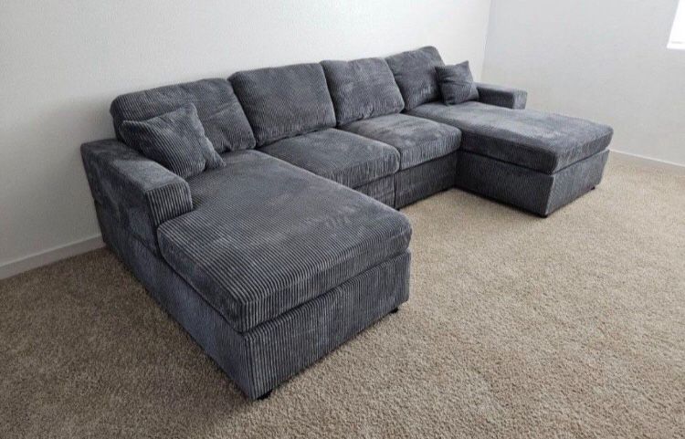U Shape Sectional Sofa, Sectional With Double Chaise Dark Grey Corduroy Brand New