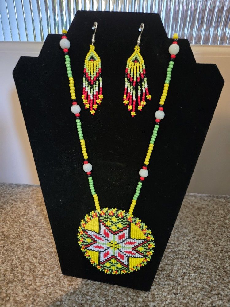 Handmade Yellow Beaded Flower Neclace And Earrings Set