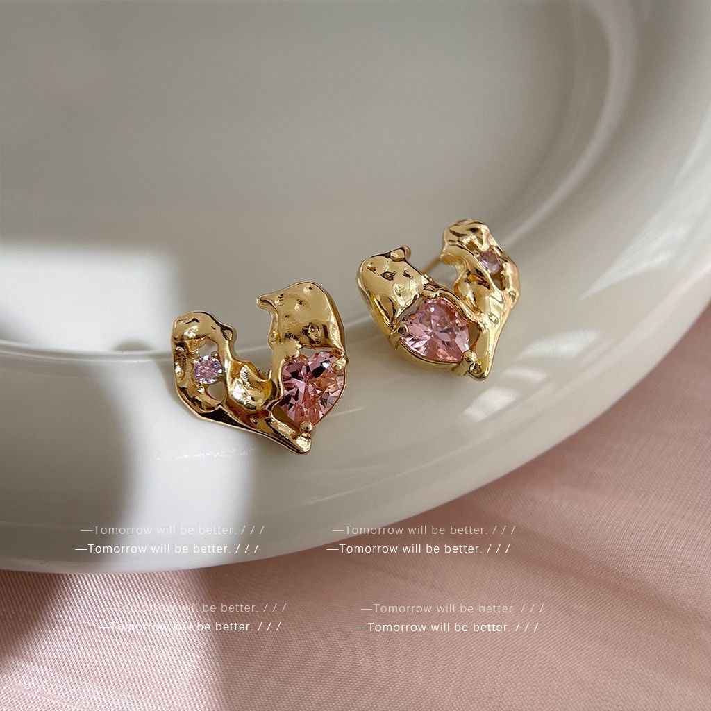 K-style Pink Bow Heart Zircon Earrings | Trendy Girl Aesthetic Silver Studs