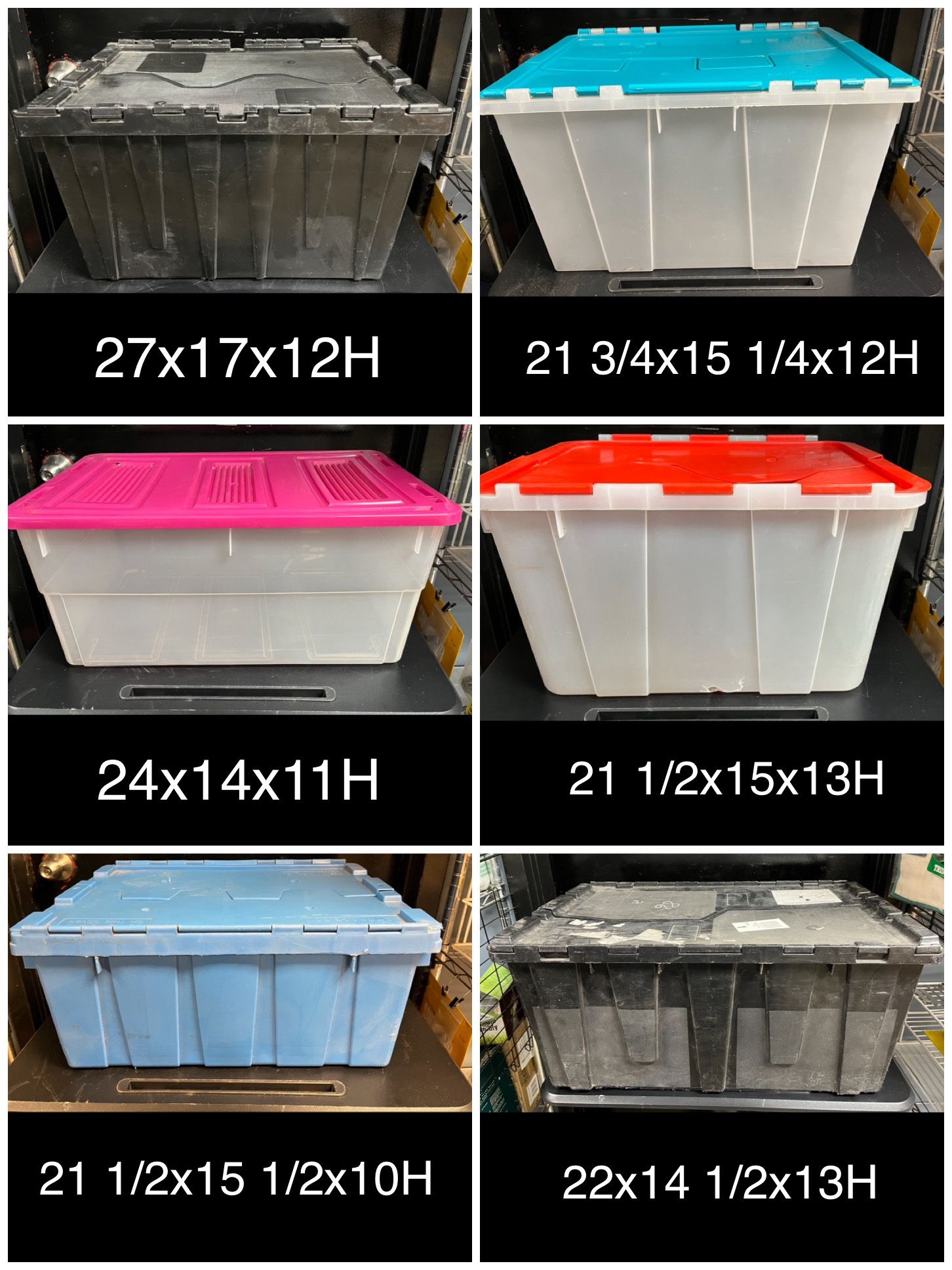 2 Black Left. Plastic Storage Totes. $5 each. Plastic Storage Box with Lid. Plastic Tote. Need a cleaning.