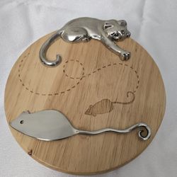 Cat On Cheese Charcuterie Cutting Board with Mouse Spreader 8x8 Vintage 