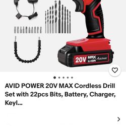 AVID POWER 20V MAX Cordless Drill Set with 22pcs Bits, Battery, Charger