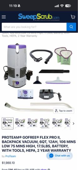 Home ProTeam® GoFree® Flex Pro II, Backpack Vacuum, 6QT, 12AH, 106 Mins Low 75 Mins High, 17.5lbs, Battery, With Tools, HEPA, 2 Year Warranty