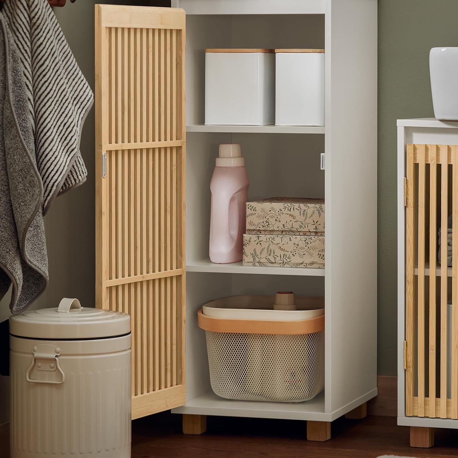 SoBuy Bathroom Tall Storage Cabinet with Hollow Cabinet Door Storage Rack Unit Freestanding Cupboard with Shelves, Natural and White, 