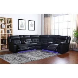 Brand New 110"×110"×41"H Black Bonded Leather Power Reclining Sectional With Cup Holders And USB