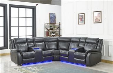 Zenith Collection: Grey Plush Leather Power Sectional with LED Lights