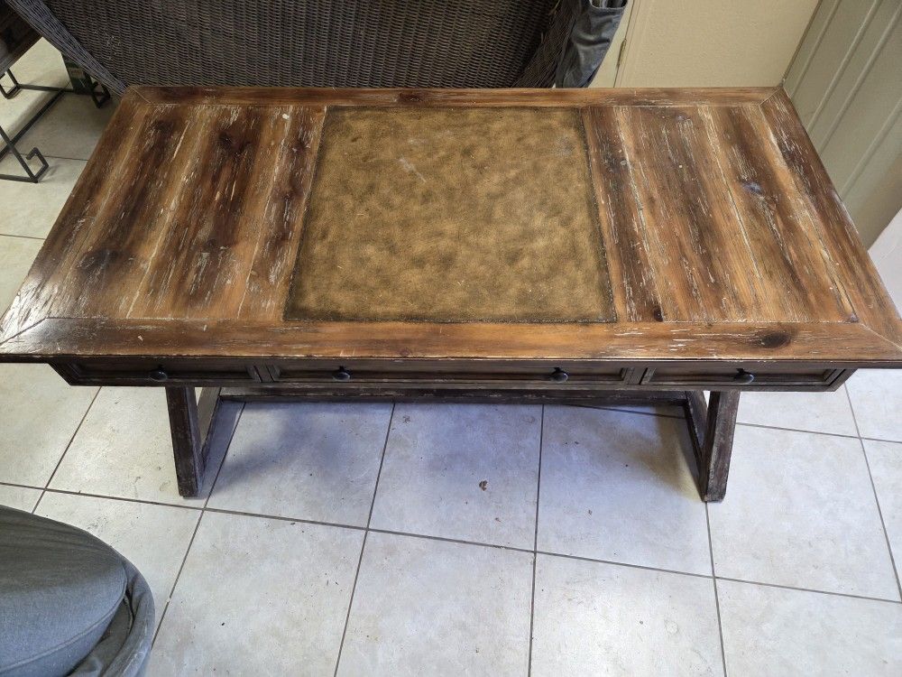 Vintage Rustic Wooden Writing Desk with Leather Inlay – Farmhouse Style