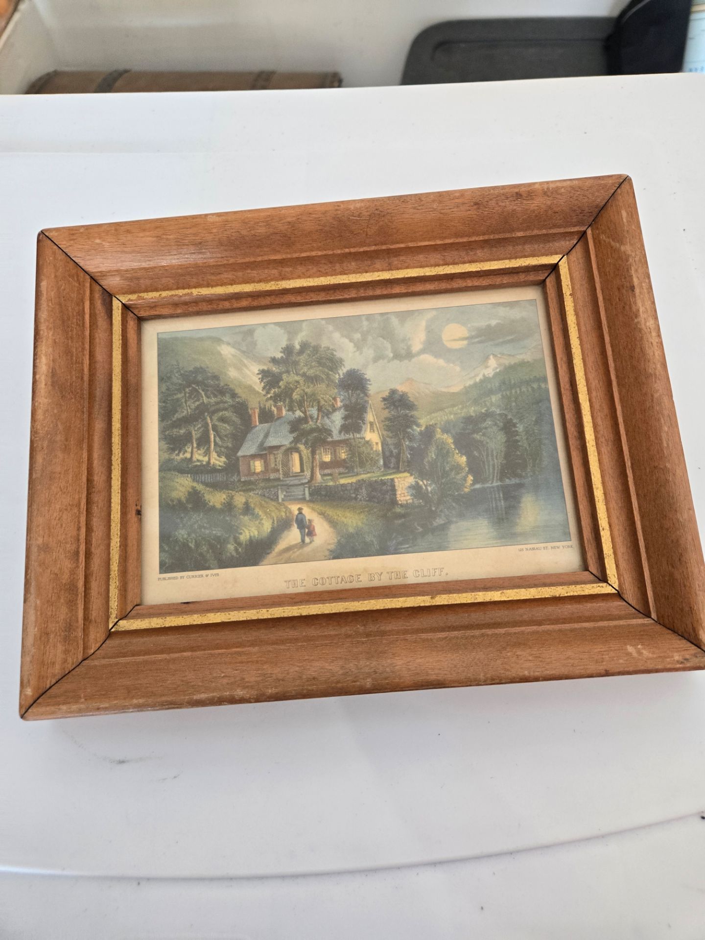 Vintage The Cottage Antique Currier & Ives The Cottage by the Cliff Wood Print Picture