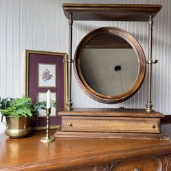 Antique Italian Wooden And Brass Hardware Dresser Top Vanity Swivel Mirror 
