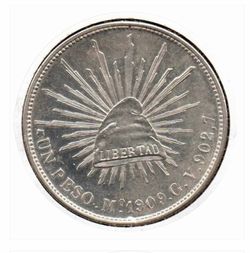 1909 México Un Peso Mo G. V. Silver Cap & Rays