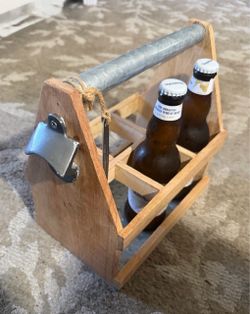 Wooden Six pack carrier with bottle opener