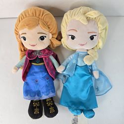 Disney Parks Frozen Elsa Anna Big Face 12" Plush Toy Doll Set Embroidered Eyes