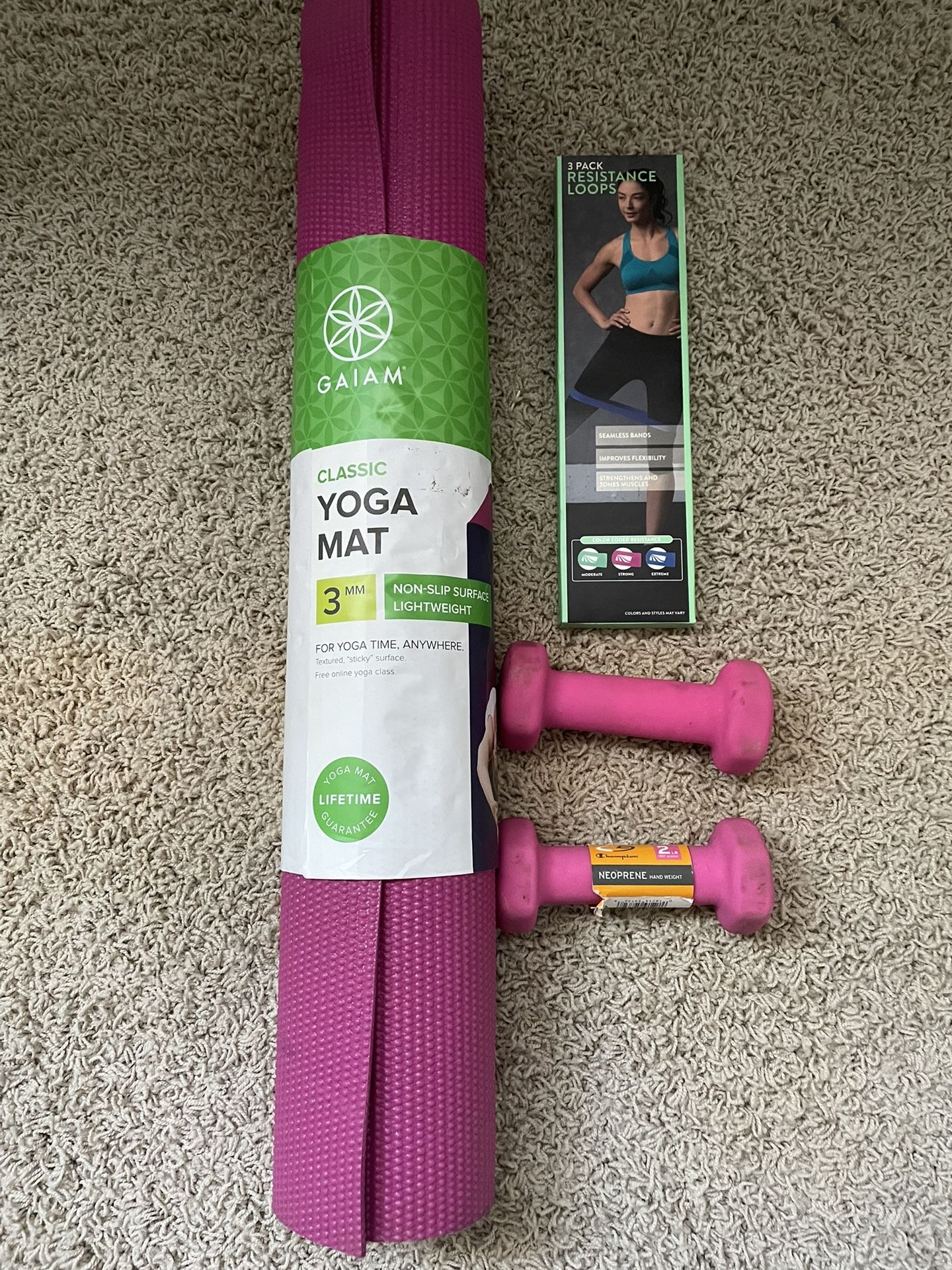 Yoga Mat, 2 Lb Weights and Bands