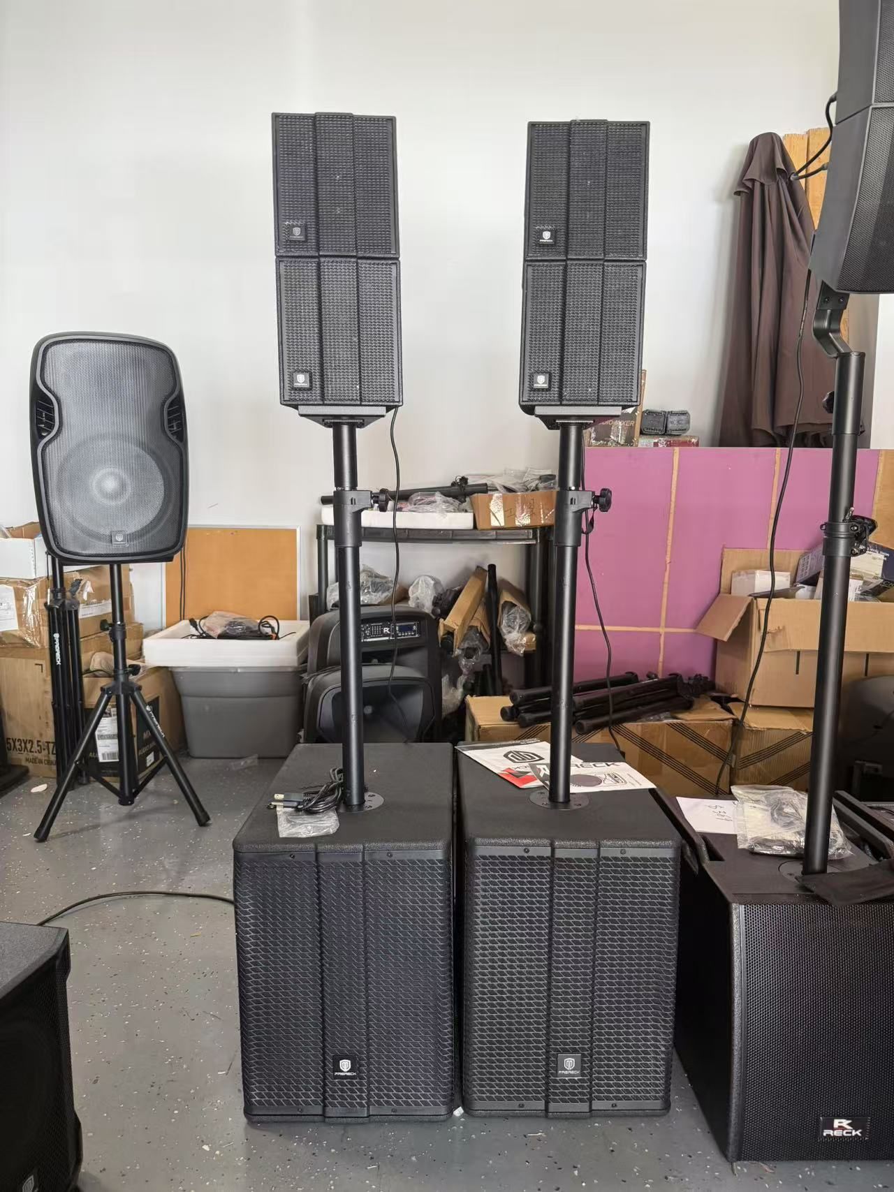 PRORECK Stage 1(contact info removed)W P.M.P.O Stereo/Mono PA Speaker System, 4 Line Array Speakers