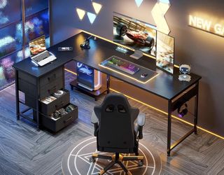 L Shaped Gaming Desk with 4 Drawers, 61" Reversible Home Office Desks with Power Outlets, L Shaped Computer Desk with USB 