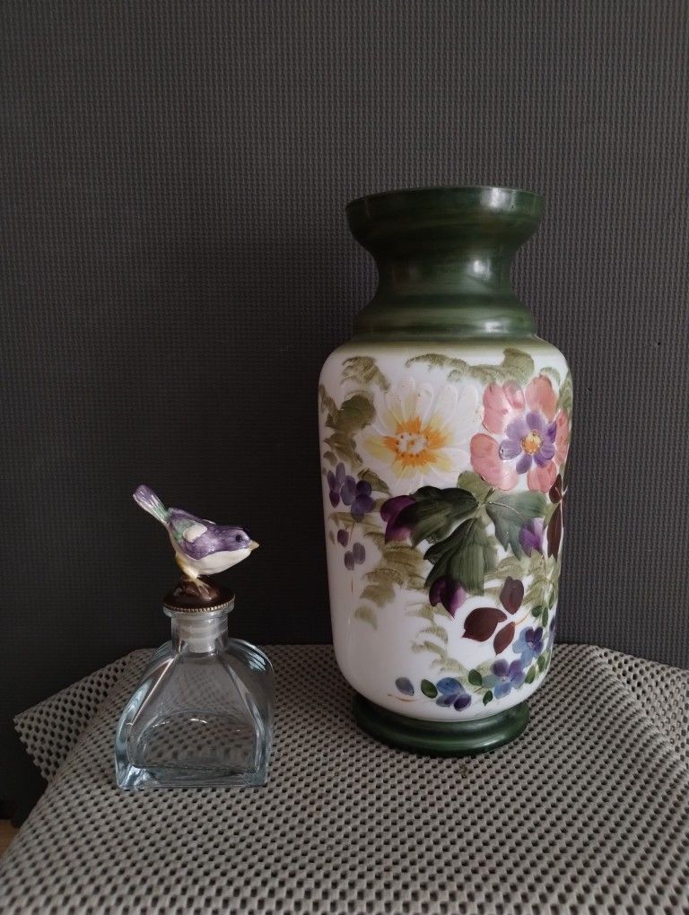 Antique Victorian Glass Vase And Clear Glass Bottle 