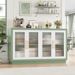 Buffet Cabinet with Storage, 55.1" Large Sideboard Buffet Table, Modern Sideboard Kitchen Cabinet with 4 Fluted Glass Doors 