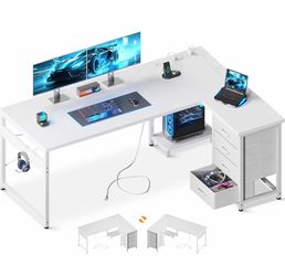 61" L Shaped Gaming Desk with 4 Drawers and Power Outlets, White