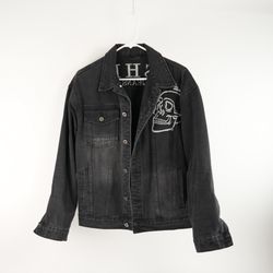 SHEIN Black Denim Jacket Size S Graphic Skull Embroidered Cotton Blend