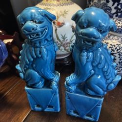 Pair Of Blue Ceramic Foo Dogs