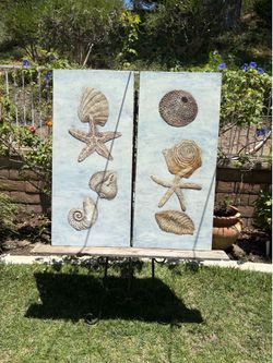Set of 2 Coastal Sea Shell and Starfish Wall Art Panels