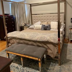 Mirrored Bench, Grey Tufted Upholstery 
