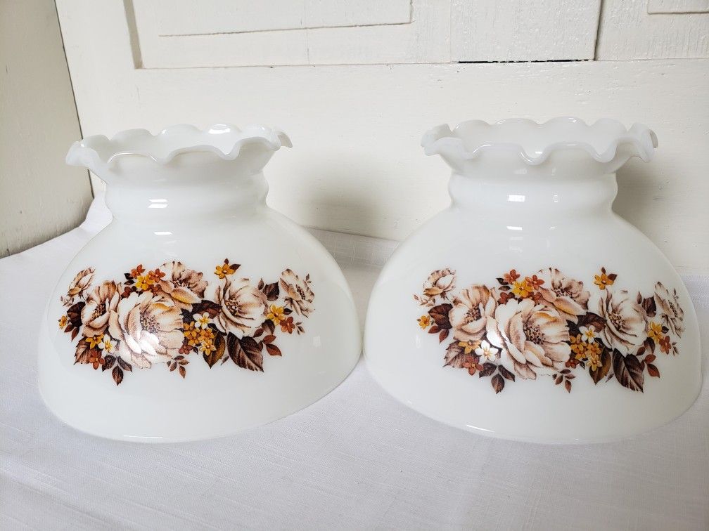 Pair of Vintage Glass Lamp Shades with Brown Tone Flowers