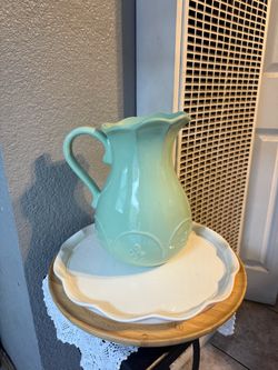 Princess House Jarra Grande Color Menta Para Bebidas De Ceramica Marbella.