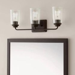 Hampton Bay Evangeline 23 in. 3-Light Modern Bronze Farmhouse Bathroom Vanity Light with Clear Seeded Glass Shades
