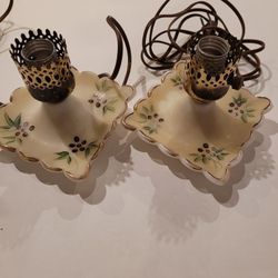 2 Vintage Hand Painted Floral Side Light Lamps Home Decor Vintage