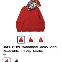 BAPE x OVO Woodland Camo Shark Reversible Full Zip Hoodie Red