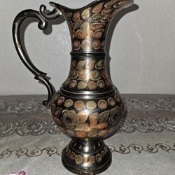 Vintage Solid Brass Pitcher Engraved Floral W/ Handle 13.5” Vase 60s 70s