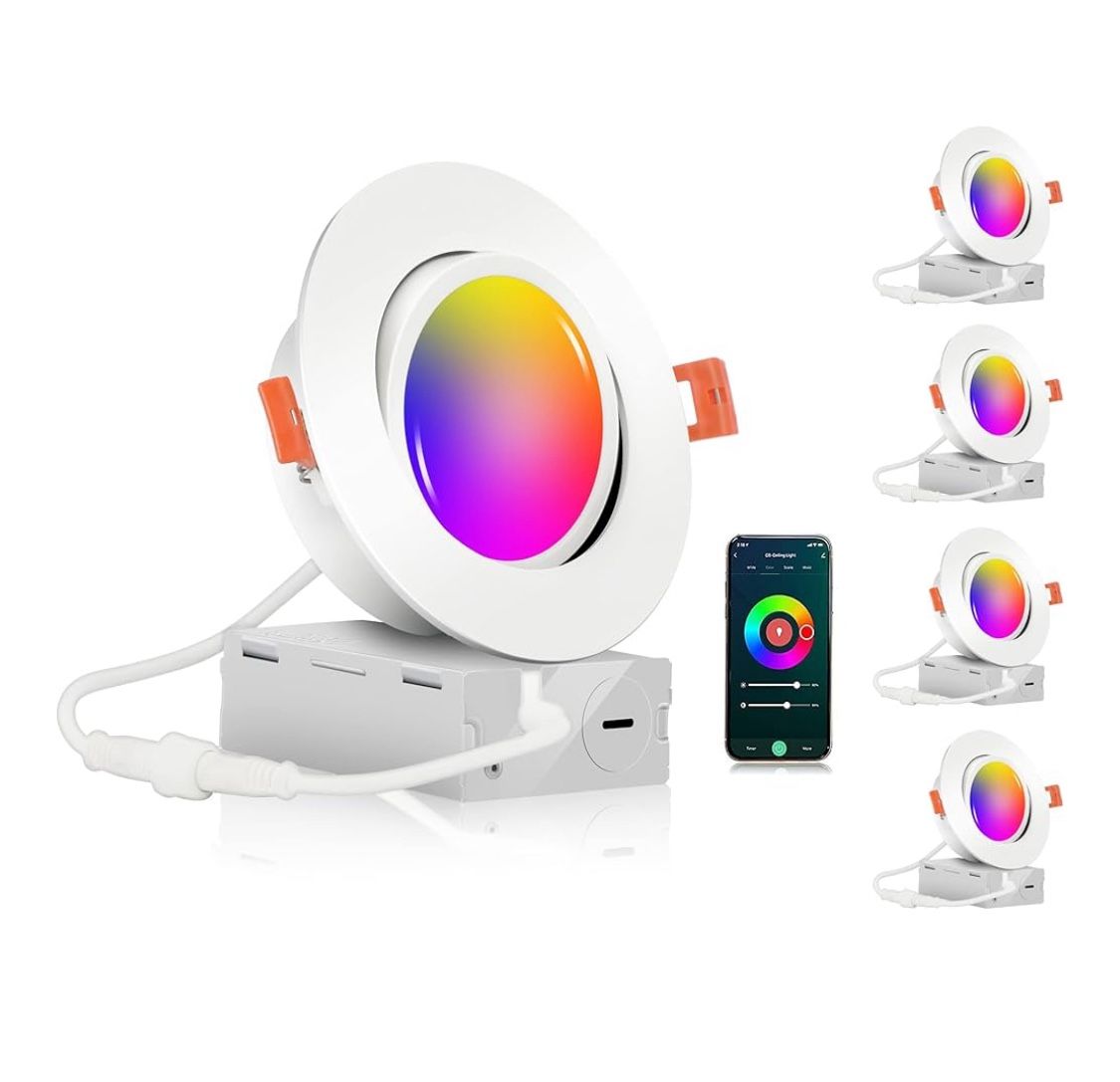 CLOUDY BAY 4 inch Gimbal Smart WiFi LED Recessed LightsRGBCW Color ChangingCompatible with Alexa and Google Home AssistantNo Hub Required2700K 650