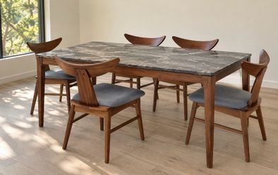 Dining Table & 5 Chairs MCM feel Faux Marble & 5 Chairs