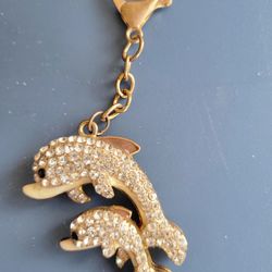 Rhinestone Momma And Baby Dolphin Keychain Or Bag Clip