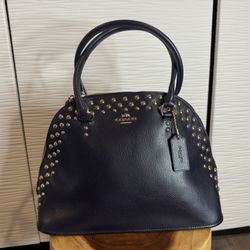 COACH Black Studded Pebbled Satchel Top Handle Bag Gold Tone Hardware Strap