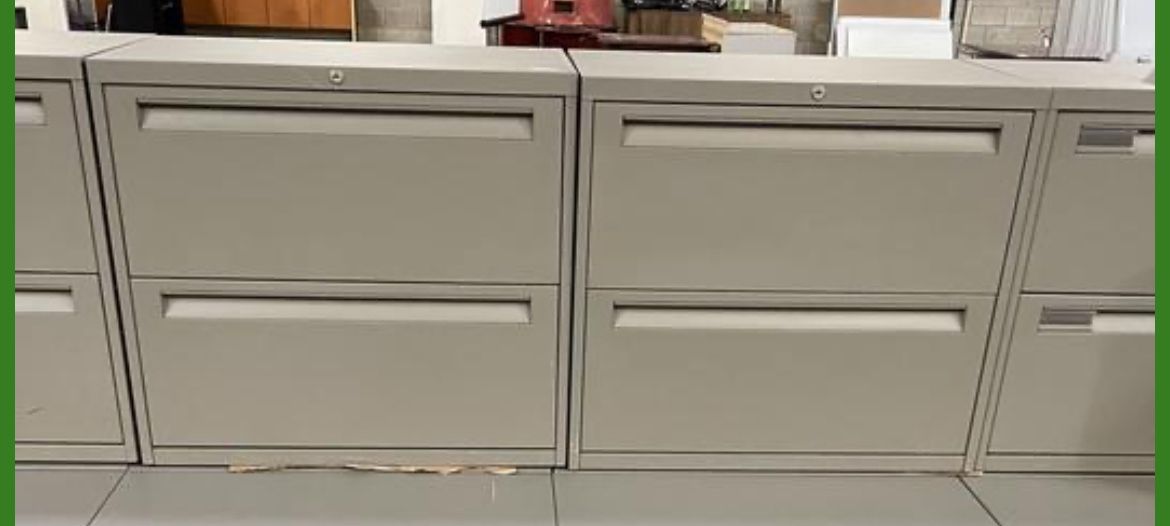 4 Matching Steelcase Grey Metal Office 2 Dr. Lateral File Cabinets For Only $40 Ea!