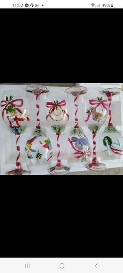 Block Twelve Days of Christmas Goblets Hand Painted Decorated Wine Glasses